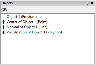 Objects pane with frustum object